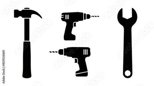 Black silhouettes of hammer, drill and wrench