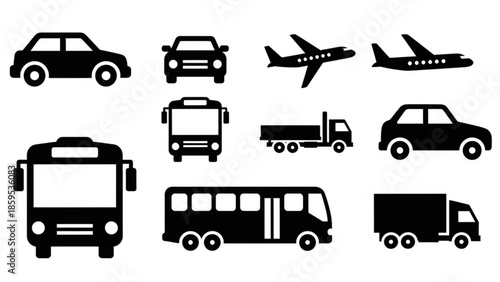 Black silhouettes of various vehicles on including cars, trucks, bus, and airplanes