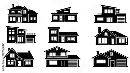 Collection of modern house designs in black silhouette