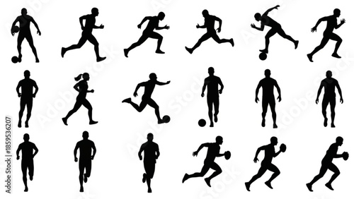 Collection of black silhouettes of soccer players in various poses