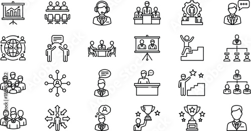 Business leadership icon set illustration, teamwork management communication symbols, corporate training presentation meeting strategy, success growth, professional organization, outline flat vector