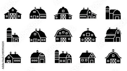 Collection of various farm buildings and barns in black silhouette