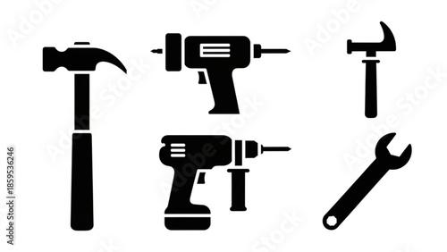 Black silhouettes of various hand tools