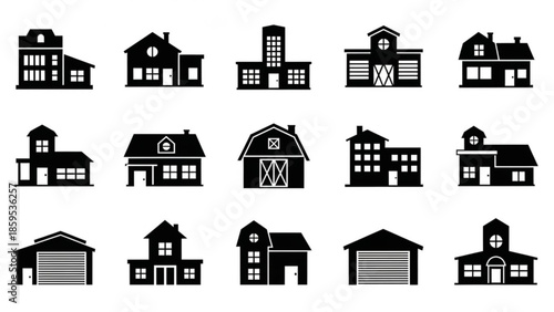 Collection of various house and building silhouettes