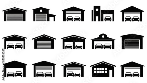 Collection of various garage icons with different door styles and designs