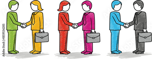 Business people handshake illustration, diverse partnership teamwork concept, professional agreement collaboration, corporate meeting deal, flat vector office success, communication, management