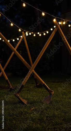 Garden tools, primarily hoes, resting under soft outdoor string lights late at night after a successful day of cultivation and tilling soil ,backyard ,rest ,nocturnal