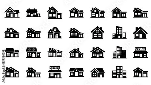 Collection of various house and building icons in black silhouette