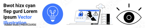 Cybersecurity, data protection, online safety, digital monitoring, privacy awareness, innovation. Includes light bulb, locked monitor server and eye symbol. Cybersecurity and data protection visual