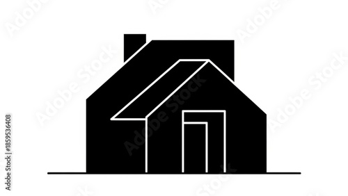 Simple black silhouette of a house with a chimney and door