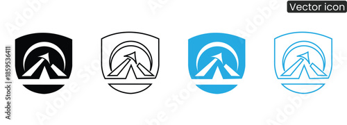 Set of modern mountain logos with arrows and shields in different colors