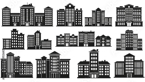 Black and white city skyline with various buildings