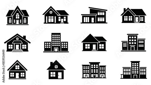 Collection of various house and building silhouettes for architecture design