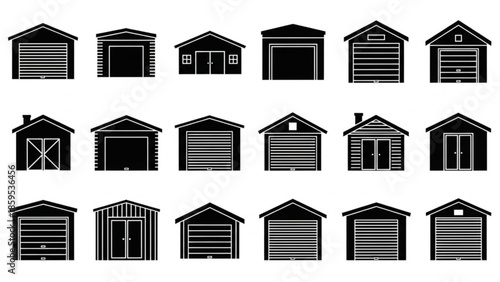 Collection of various shed and garage icons in black silhouette
