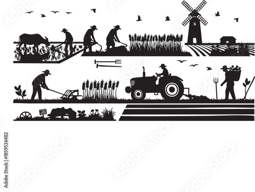 Farm life and agriculture activities silhouette set with tractor and windmill
