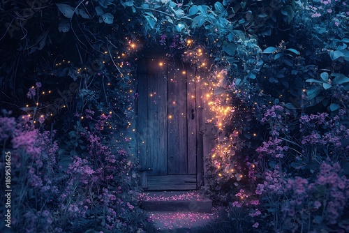 Uncover the Magic A wooden doorway veiled in floral secrets bathed in the warm glow of fairy lights and soft enchanting