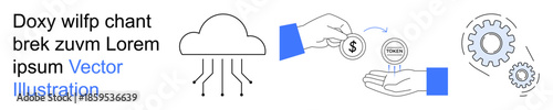 Cloud storage, data transfer, digital transactions, financial technology, business automation, process innovation. Minimalistic icons include a cloud, money exchange and gears. Data transfer