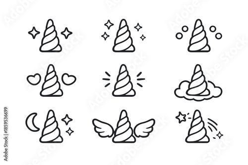 Unicorn Horn Icon Set with Magical Elements