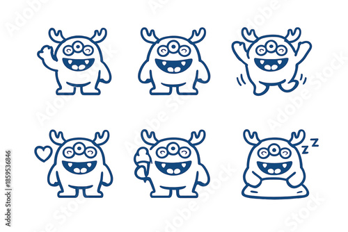Cute Blue Monster Emoticons Collection