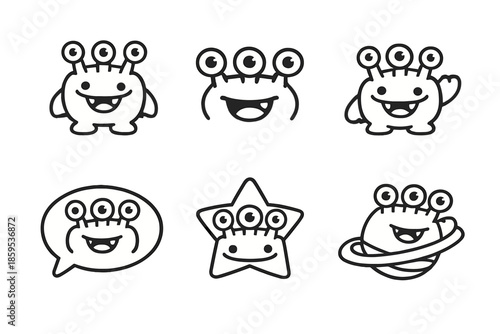 Cute cartoon alien characters with three eyes and happy expressions