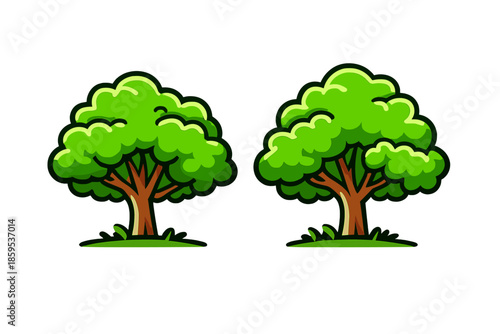 Two cartoon trees with bright green foliage against a gradient background