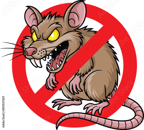 Angry Rat Character with Sharp Teeth inside No Entry Red Prohibited Sign for Pest Control and Hygiene Services