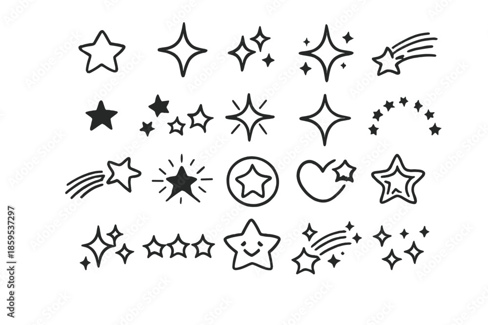 Fototapeta premium Collection of hand-drawn star icons on a yellow gradient background