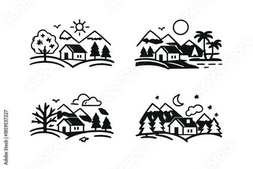 Four stylized landscape icons depicting houses in mountains
