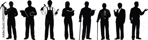 Profession silhouette vector, diverse career illustration, occupational roles clipart, worker icons, job diversity concept, employment figures, vocational people art, career set