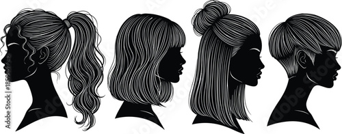 Female hairstyle silhouettes, fashion beauty icons, hair profile illustration, stylish haircut design, trendy women hair art, vector hairstyle graphics