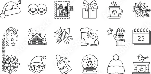 Christmas holiday icon set illustration, winter festive symbols collection, gift calendar decoration elements, cozy seasonal celebration, new year joy, outline flat vector