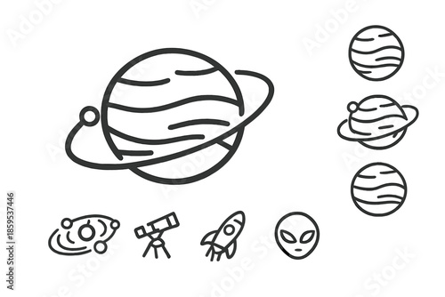 Space and science fiction icons in outline