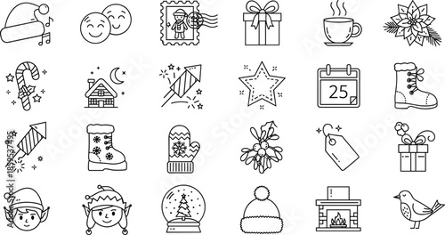 Christmas holiday icon set illustration, winter festive symbols collection, gift calendar decoration elements, cozy seasonal celebration, new year joy, vector