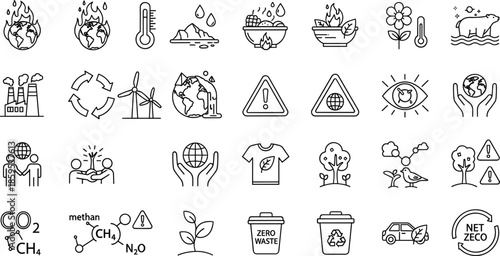 Climate change sustainability icon set illustration, global warming ecology environment symbols, renewable energy recycling zero waste concepts, outline flat vector