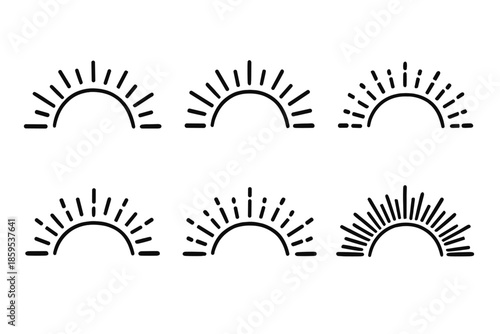 Set of six stylized sun icons with rays