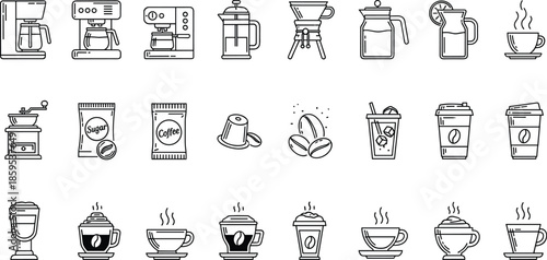 Coffee and cafe icon set illustration, coffee maker cup beans accessories collection, barista equipment symbols, hot drinks, outline style, flat vector