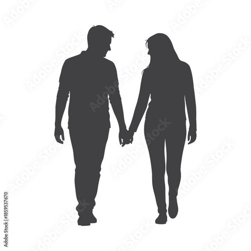 Illustration of black silhouette of a loving couple holding hands walking together, valentine love silhouette vector