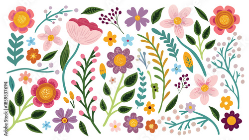 Vibrant floral pattern with colorful flowers and leaves on white background