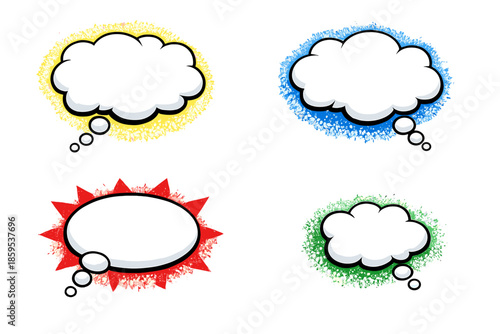 Four comic book style thought bubbles with colorful backgrounds