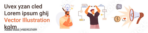 Innovation, teamwork, marketing, business growth, idea generation, and communication. Person with ideas, another with weights and icons thumbs up megaphone. Innovation and teamwork