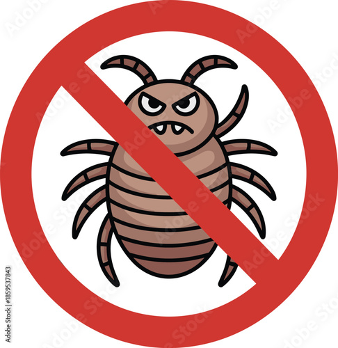 Angry cartoon bed bug or louse character inside a red prohibition circle sign for pest control services extermination and hygiene warning vector