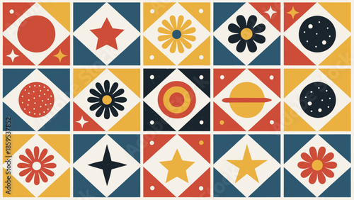 Vibrant geometric pattern with colorful flowers and stars