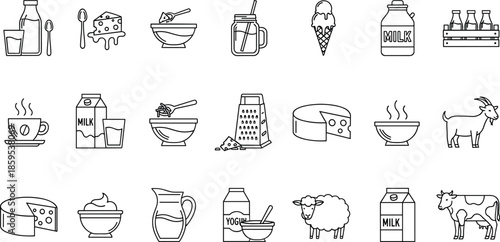 Dairy food icons collection, milk cheese yogurt ice cream bowls cups animals, outline vector illustration set for packaging branding