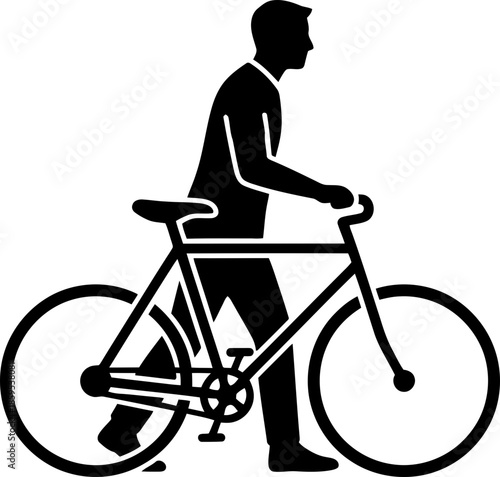 Man pushing a bicycle. Urban activity, healthy lifestyle, commuting concept. Flat design. Vector illustration icon for app, banner, website, symbol