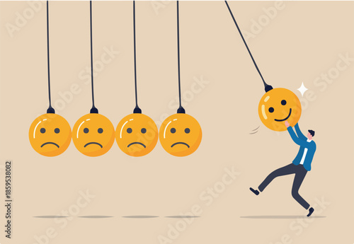 Optimistic, happiness or positive thinking inspire other people happy, emotional intelligence or balance between happiness and sadness, man holding smile face pendulum ball to hit other sad faces.