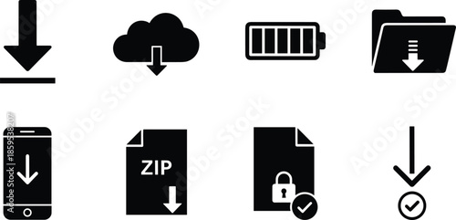 Download file icon set illustration, cloud storage, mobile download, battery status, secure documents, zip files, interface controls, data transfer, flat vector