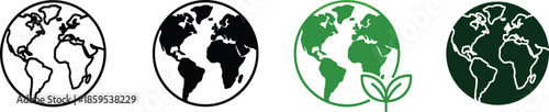 Earth, globe, eco, outline, icons, set, green, planet, environment, sustainability, nature, leaf, ecology, world, conservation, minimal, symbols, vector, illustration, pack