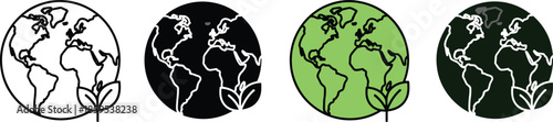 Earth, globe, eco, sustainability, outline, icons, set, green, planet, environment, nature, leaf, ecology, global, conservation, symbols, minimal, vector, illustration, pack