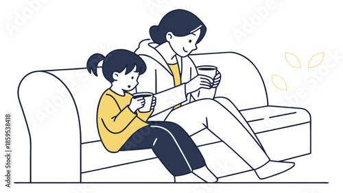 Mother and child relaxing on a sofa, enjoying warm drinks together in a cozy setting.
