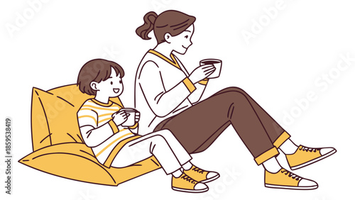 A mother and child are sitting on the floor, enjoying drinks and spending quality time together.